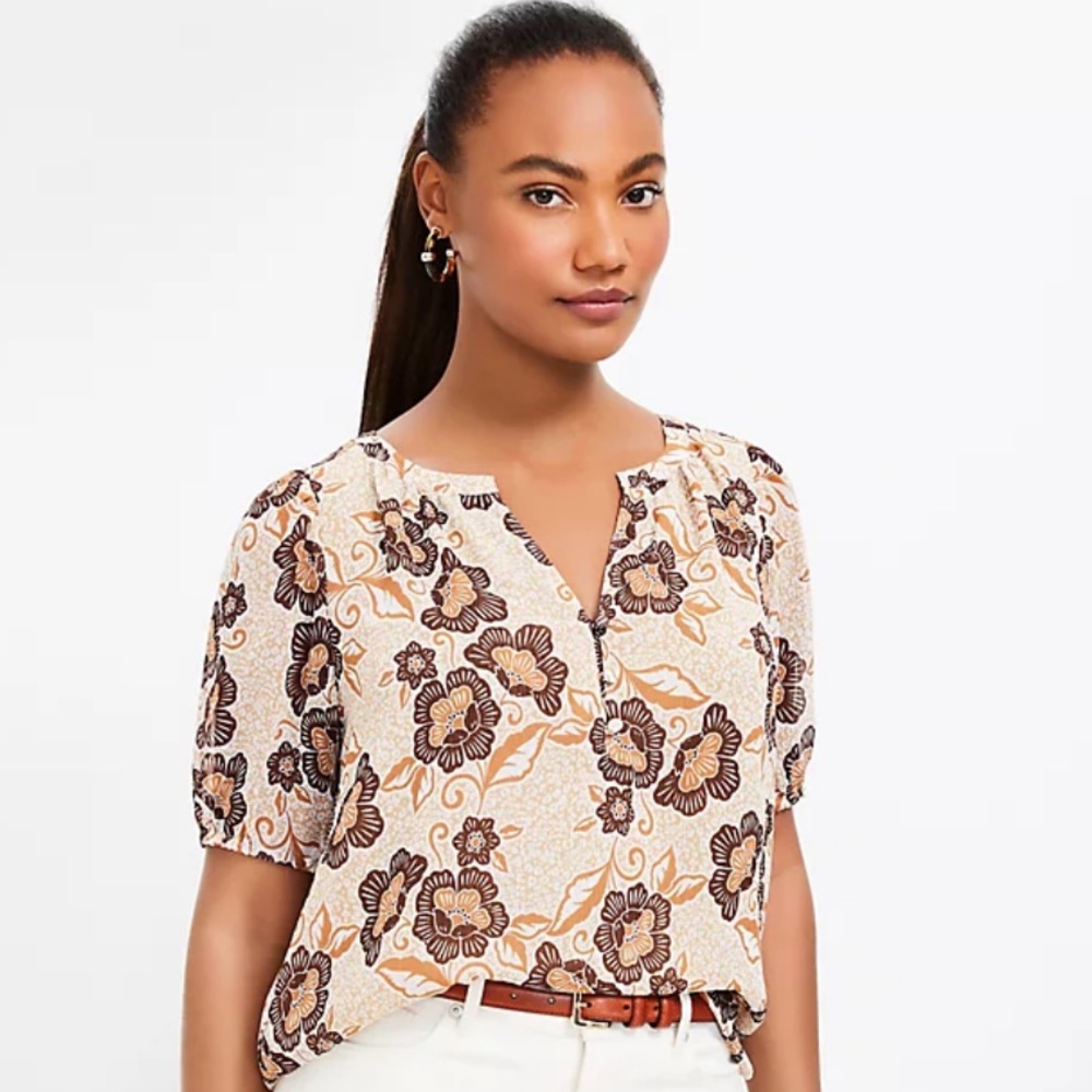 EUC Loft Puff Sleeve Henley Blouse - XL